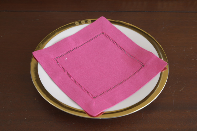 Solid Color Hemstitch Cocktail Napkin 6x6". Pink Peacock